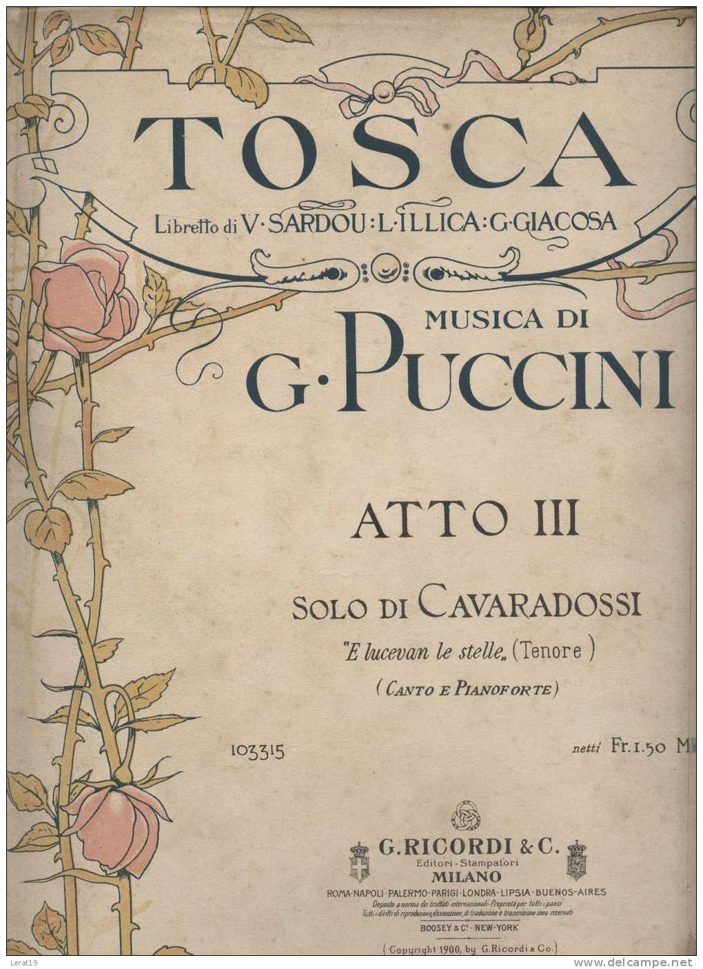 PARTITION DE MUSIQUE....TOSCA    MUSIQUE DE G PUCCINI.  * &lsaquo;(&bull;¿&bull;) - Opéra