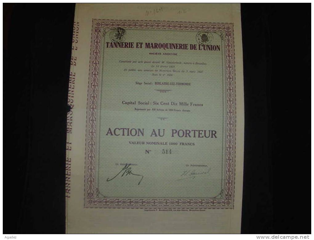 Action"Tannerie Et Maroquinerie De L'Union" Berlaere Lez Termonde 1927 (cuir) - Industrie