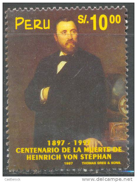 N)1997, PERU, SCN 1162,PORTRAIT, 10 S, HEINRICH VON STEPHAN(1831-97), MNH, STAMPS, PRINTED LINES ON BACK - Peru