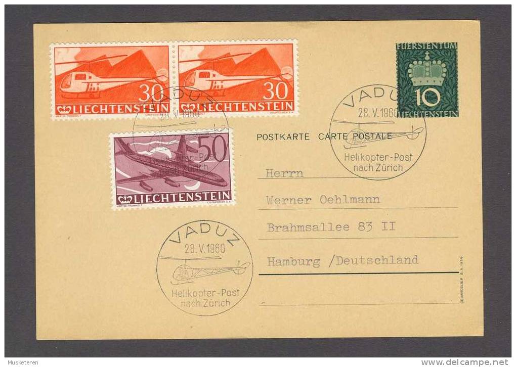 Liechtenstein Postal Stationery Ganzsache Entier VADUZ Helikopter-Post Nach Zürich 1960 Special Cancel Card - Ganzsachen