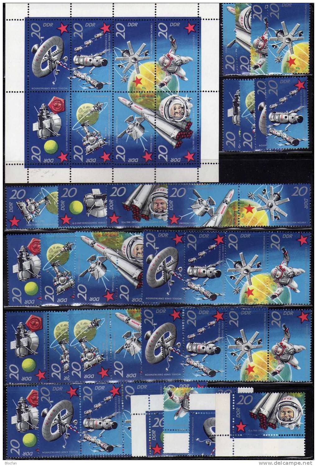 Raumfahrt 1971 DDR 1636/3,16xZD,4xER+ KB ** 31€ Venus Luna Wostok Sojus Proton Orbitalstation M/s Space Sheet Bf Germany - Se-Tenant