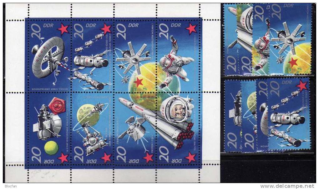 Raumfahrt 1971 DDR 1636/3,16xZD,4xER+ KB ** 31€ Venus Luna Wostok Sojus Proton Orbitalstation M/s Space Sheet Bf Germany - Se-Tenant