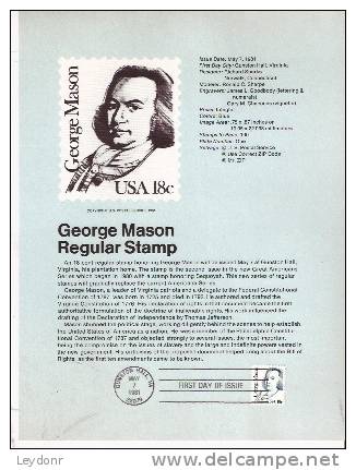 George Mason - First Day Souvenier Page - 1981-1990