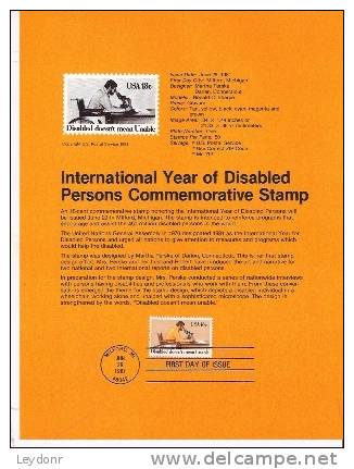 International Year Of Disabled Person - First Day Souvenier Page - 1981-1990