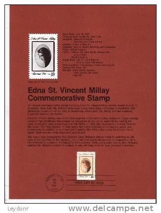 Edna St. Vincent Millay - First Day Souvenier Page - 1981-1990