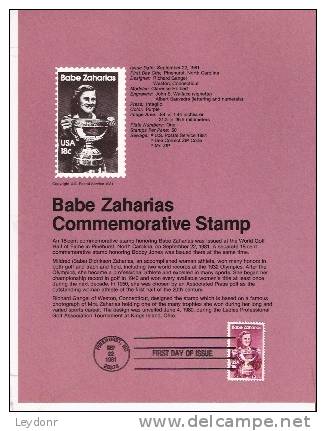 Babe Zaharias - First Day Souvenier Page - 1981-1990