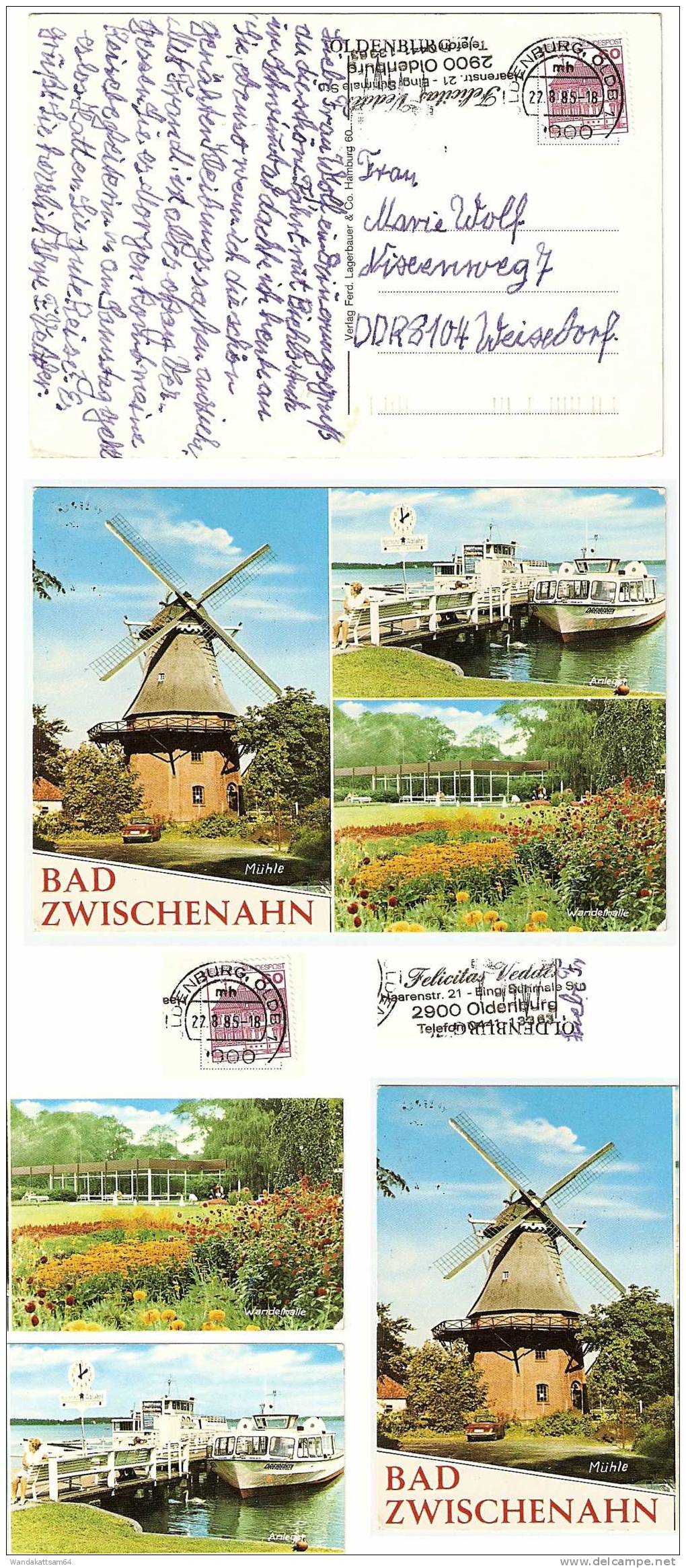 AK BAD ZWISCHENAHN Mehrbild 3 Bilder Mühle Anleger Wandelhalle 22.8.85-18 2900 OLDENBURG OLDB 1 Mh N. DDR 8104 Weixdorf - Bad Zwischenahn