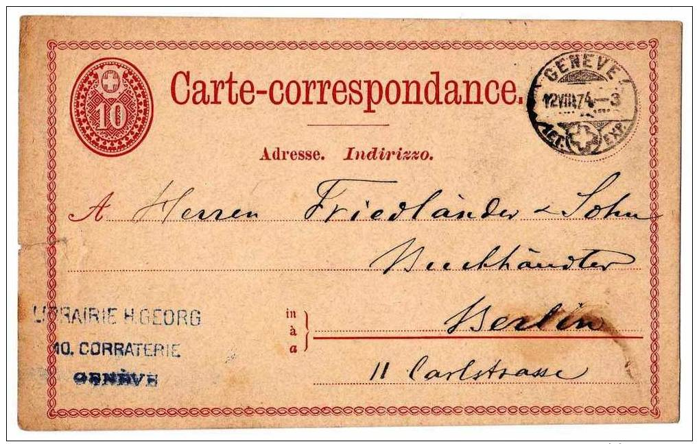 SUIZA / SWITZERLAND: Mi #P6 Tarjeta Enteropostal Circulada (1874) - Briefe U. Dokumente