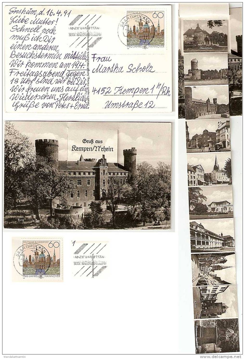 AK Gruß Aus Kempen/Niederrhein Burg Leporello Mit 10 Bildchen 16.4.91-9 6600 SAARBRÜCKEN 1 Mp N. 4152 Kempen/Niederrhein - Viersen