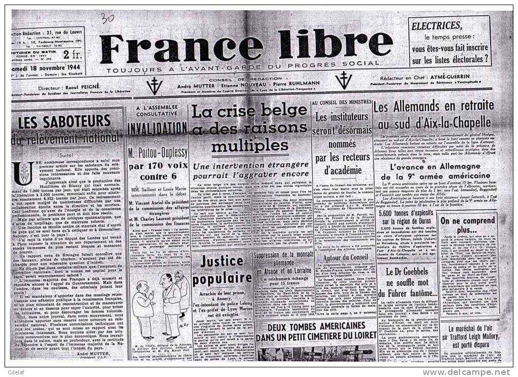 France Libre 18 Novembre 1944 - Other & Unclassified