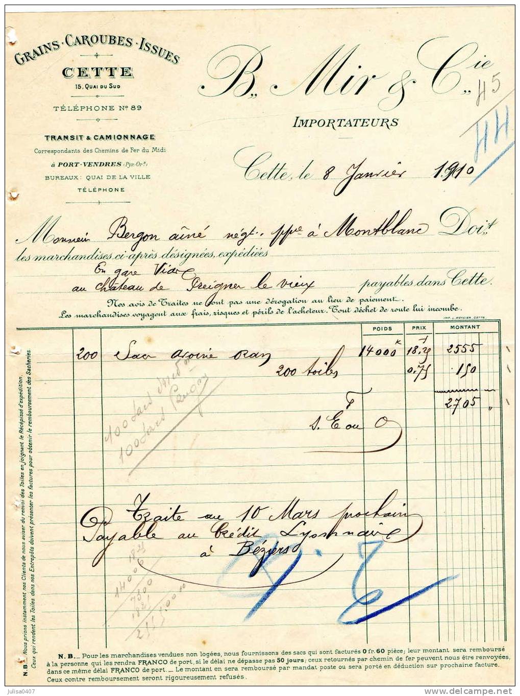 CETTE SETE (34) Facture Grains Caroubes Issues B MIR Et Cie - Other & Unclassified