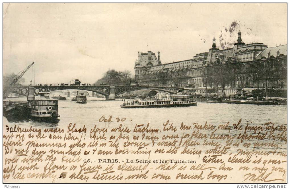 75 PARIS La Seine Et Les Tuileries Bateau Mouche Grue 1904 - The River Seine And Its Banks