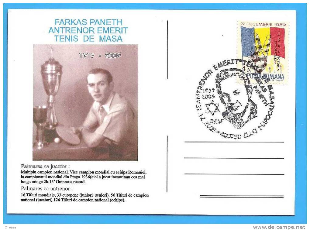 ROMANIA 2009 Postcard. Table Tennis. Coach Farkas Paneth - Tennis Tavolo