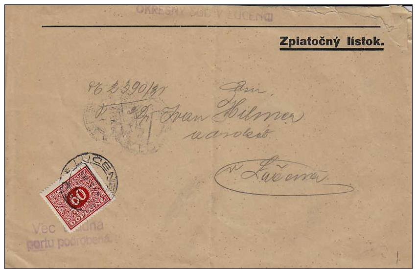 Czechoslovakia; Official Cover W. Due Stamp 1931 - Impuestos