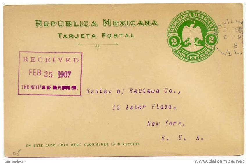 MEXICO 1907 2c POSTCARD, H & G 116, USED MONTEREY TO NEW YORK, WITH MONTEREY CDS & COMMERCIAL RECEIVER. - Mexico