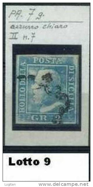 Regno Delle Due Sicilie -  Lotto 9 Anno: 1859 - Usato - #  7 G - Azzurro Chiaro (PA) - Prezzo Veramente Eccezionale - Sicilia