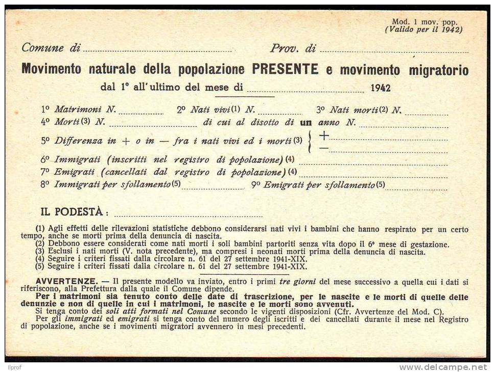 Fascismo, Cartolina Per Statistica Sulla Popolazione Anno 1942 - Unclassified