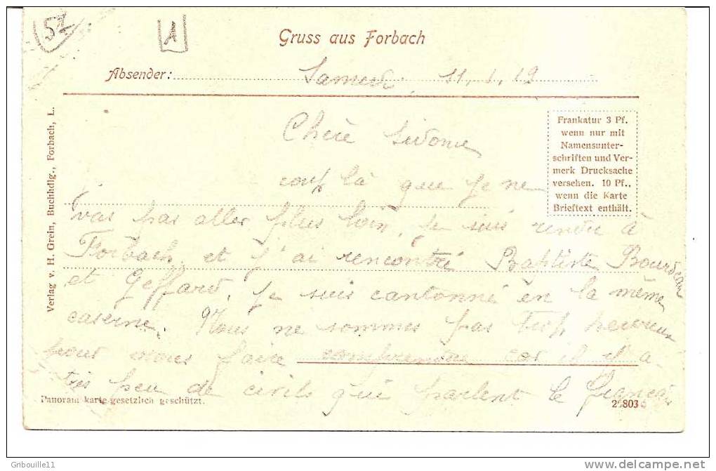 FORBACH   -    * PANORAMA * Dessin D´Eug. FELLE ISNY En 1904   -  Editeur : Librairie H. GREIN De Forbach   N°26803 - Forbach