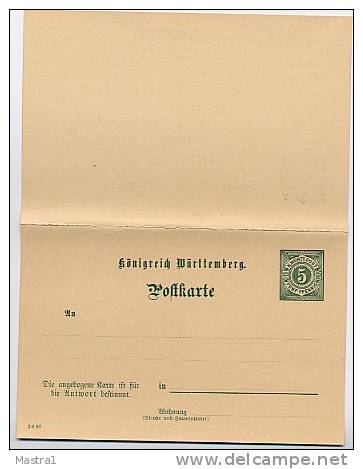 WÜRTTEMBERG P38 Antwort-Postkarte Druckdatum 2 6 1893  Kat. 5,00 € - Ganzsachen