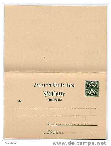 WÜRTTEMBERG P38 Antwort-Postkarte Druckdatum 2 6 1893  Kat. 5,00 € - Postwaardestukken