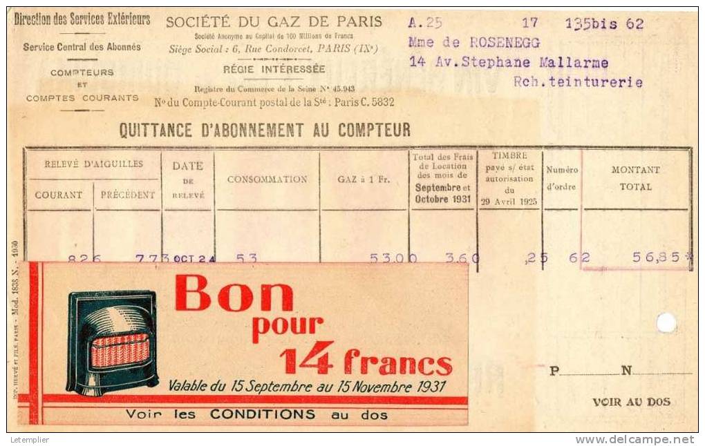 Société Du Gaz De Paris - Elektrizität & Gas