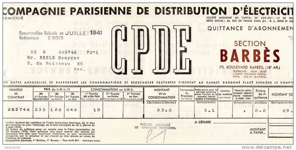 C.P.D.E 1941 - Electricité & Gaz