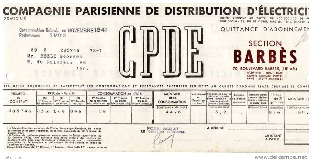 C.P.D.E 1941 - Electricité & Gaz