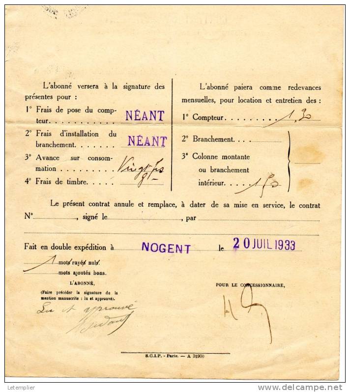 CONTRAT 1933 - Elektrizität & Gas