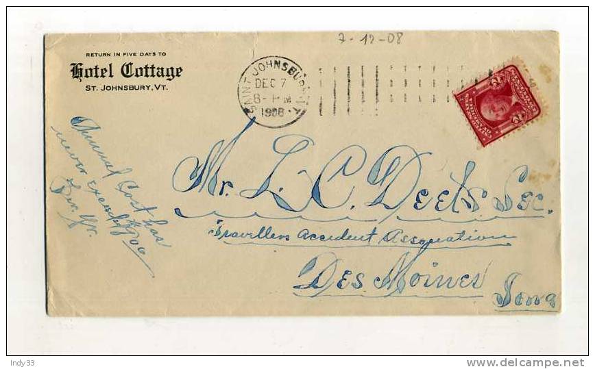 - ETATS-UNIS 1900/20 . AFFRANCHISSEMENT SIMPLE SUR ENVELOPPE DE 1908  . CIRCULATION INTERIEURE - Storia Postale