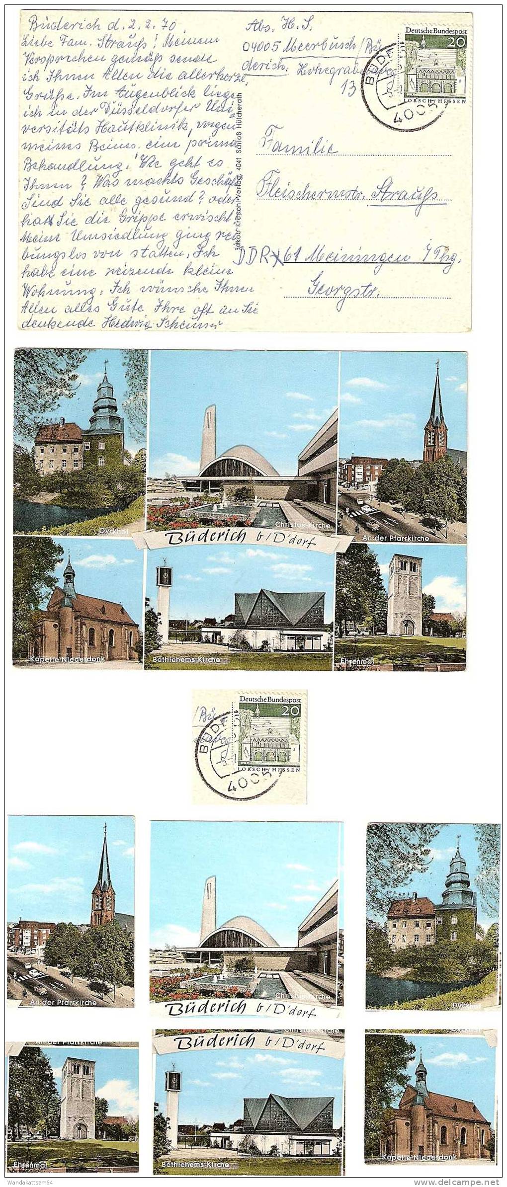 AK Büderich B. D´dorf Mehrbild 6 Bilder Dyckhof 4 Kirchen Ehrenmal -5.-2.70 4006 BÜDERICH Nach DDR 61 Meiningen / Thürin - Meerbusch