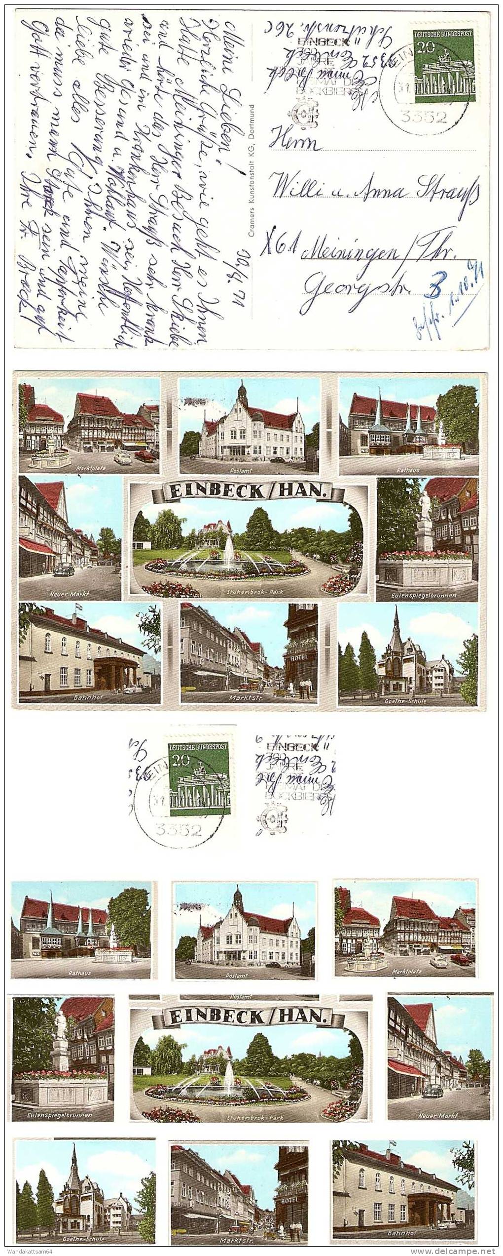 AK EINBECK / HAN. Mehrbild 9 B Marktplatz Postamt Rathaus 31.8.71 - 14 3352 EINBECK Mc Nach DDR 61 Meiningen / Thüringen - Einbeck
