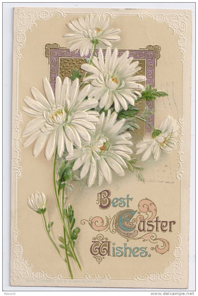 Daisies Embossed Gilt Vintage Easter Postcard PS Dresden 1912 - Easter