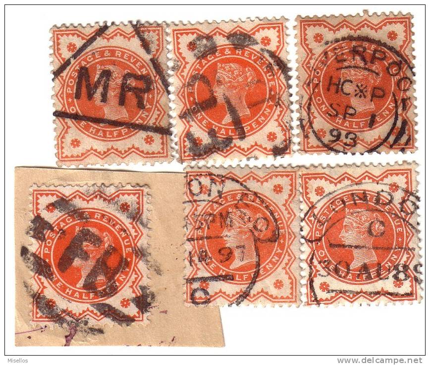 1887-1900 Nº 91 0,5 P. Rojo  . 6 Sellos Con Diferentes Marcas De Cancelación. - Oblitérés