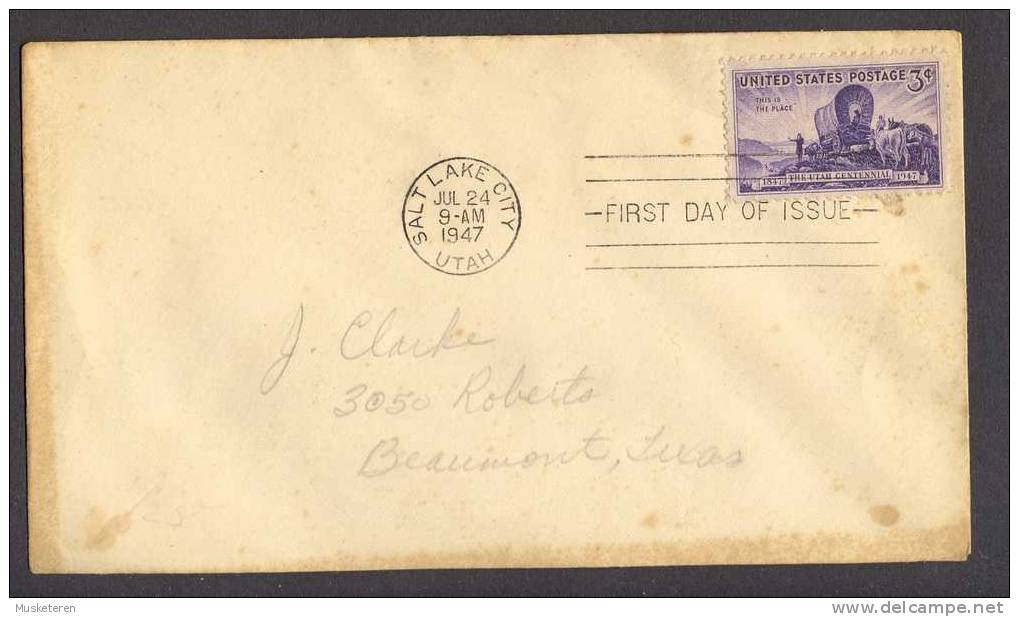 United States FDC Cover 1947 The Utah Centennial Mormons Arriving At The Great Saltsee - 1941-1950