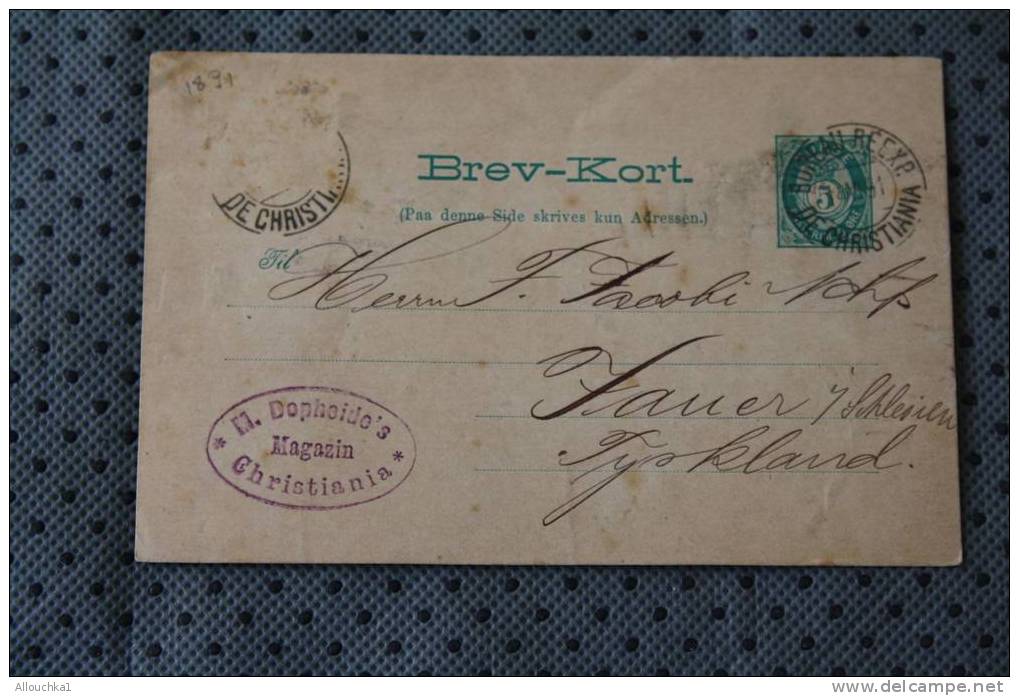 14-06-1891 Entier Postaux Postkaart BREV-KORT DE CHRISTIANIA:NORGE NORWAY NORVEGE FYSKLAND P/ FAUER ISCHLEISIEN SYSKLAND - Postal Stationery