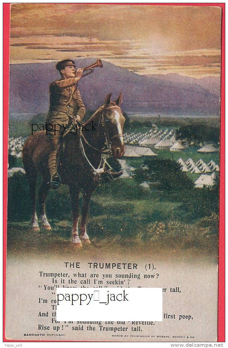 BAMFORTH +/- 100 Year Old WAR  Songs Series No. 4898/1,2,3, SOLDIERS TRUMPETER  HORSES BATTLEFIELD  Angel - Guerra 1914-18