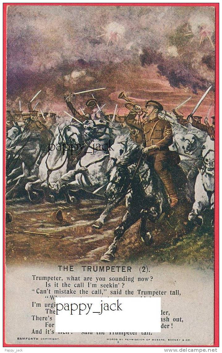 BAMFORTH +/- 100 Year Old WAR  Songs Series No. 4898/1,2,3, SOLDIERS TRUMPETER  HORSES BATTLEFIELD  Angel - War 1914-18