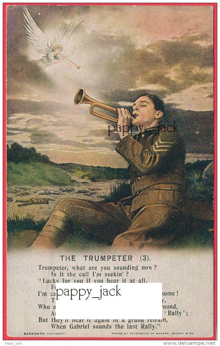 BAMFORTH +/- 100 Year Old WAR  Songs Series No. 4898/1,2,3, SOLDIERS TRUMPETER  HORSES BATTLEFIELD  Angel - War 1914-18