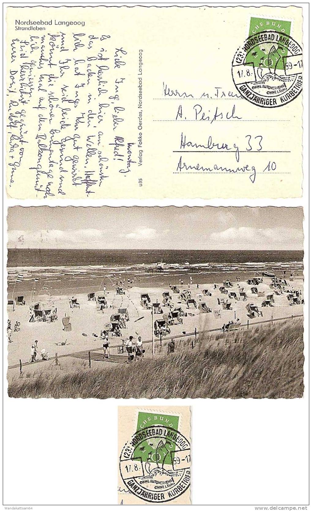 AK 35 Nordseebad Langeoog Strandleben 17.8.59 - 17 (23) NORDSEEBAD LAGEOOG GANZJÄHRIGER KURBETRIEB OHNE AUTOVERKEHR OHNE - Langeoog