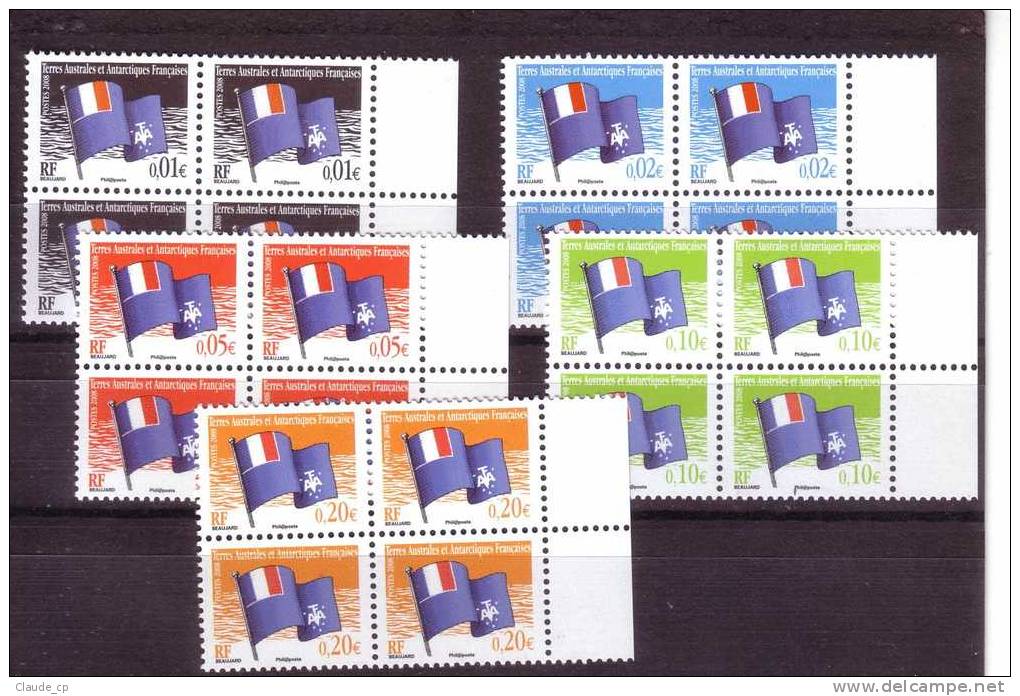 TAAF--Série Drapeaux En Bloc De 4--2° Tirage--Gomme Mate Sauf 1c  Gomme Brillante Mais Nuance Différente - Unused Stamps