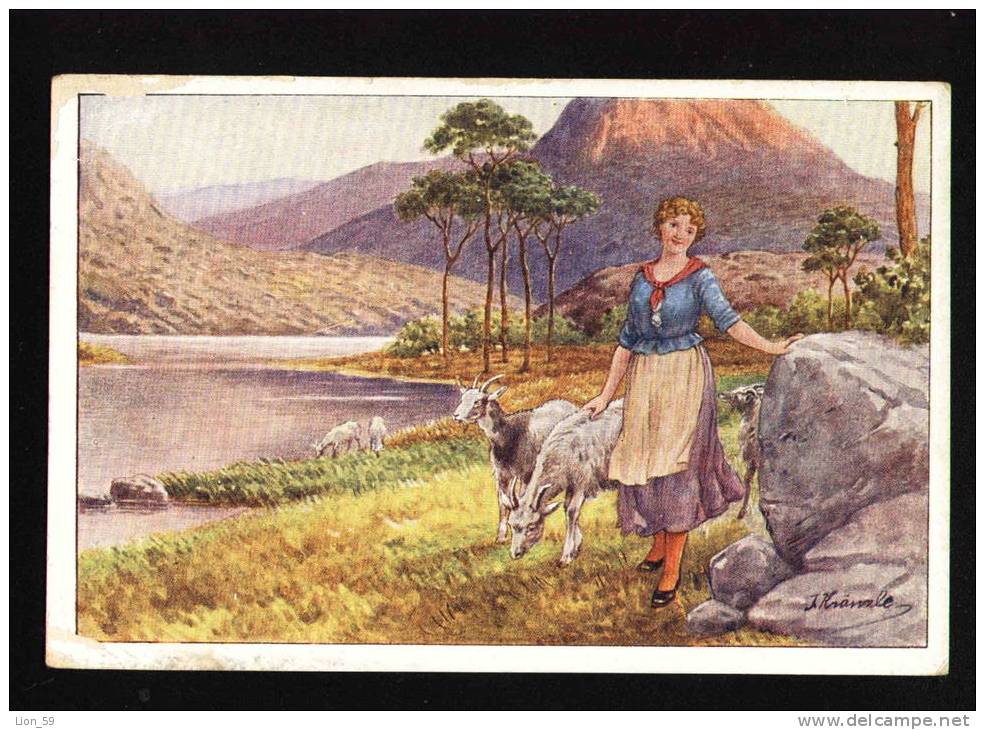 Illustrator  Josef KRANZLE - LA JEUNE BERGERE , HIRTENMAEDCHEN , THE SHEPERDESS , SHEEP Animals Pc 19434 - Kränzle