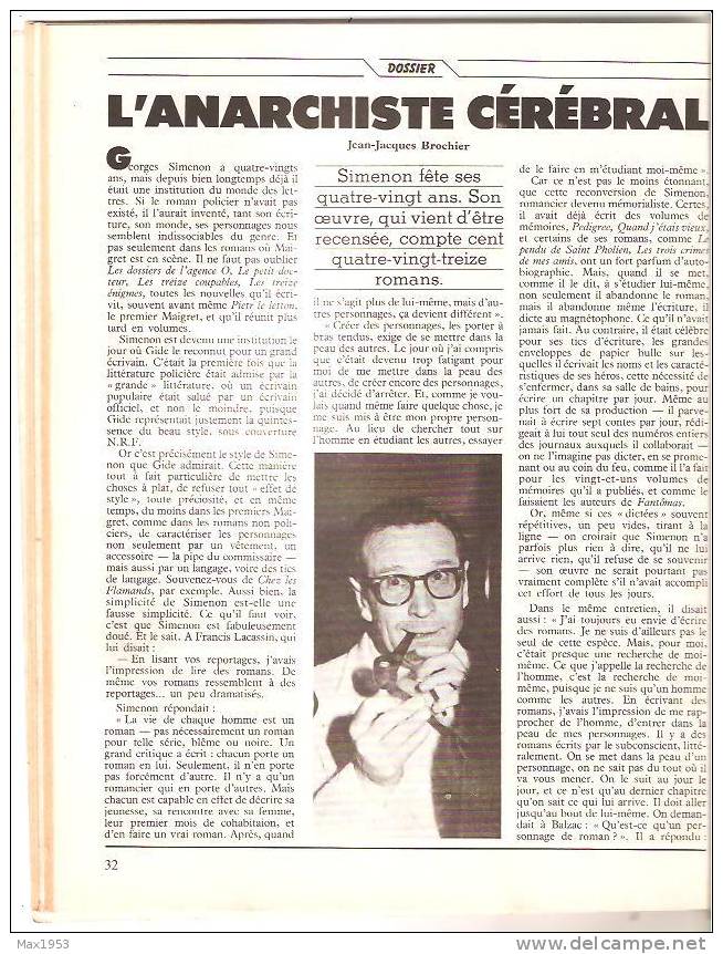 (simenon) L'anarchiste Cérébral Par J.-J. Brochier In Magazine Littéraire N° 194 - Avril 1983 - Simenon