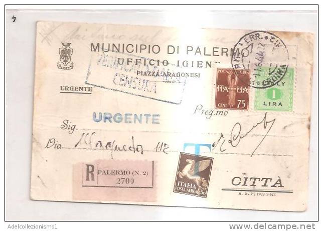 38383) WW2- Avviso Racc. Ufficio Igiene Con 50c+75c Aerea + 1 AMLIRE Da Palermo PER Città IL 11-6-1944 - Marcophilia