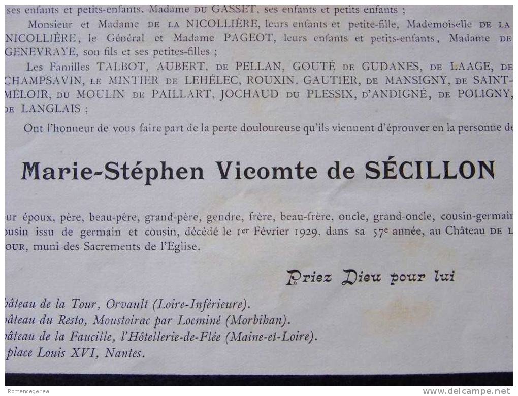 ORVAULT - Décès Du Vicomte Marie-Stephen De SECILLON - Château De La Tour - 1er Février 1929 - Autres & Non Classés