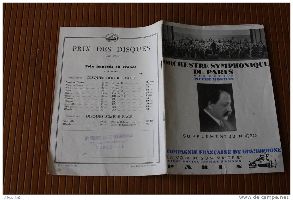 1930 Publicité Sur La Musique DISQUES"LA VOIX DE SON MAITRE"COMPAGNIE  FRANCAISE DU GRAMOPHONE  Derniéres Nouveautés PRI - Sonstige & Ohne Zuordnung