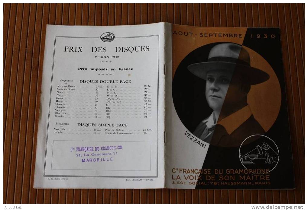 1930 Publicité Sur La Musique DISQUES"LA VOIX DE SON MAITRE"COMPAGNIE  FRANCAISE DU GRAMOPHONE  Derniéres Nouveautés PRI - Sonstige & Ohne Zuordnung