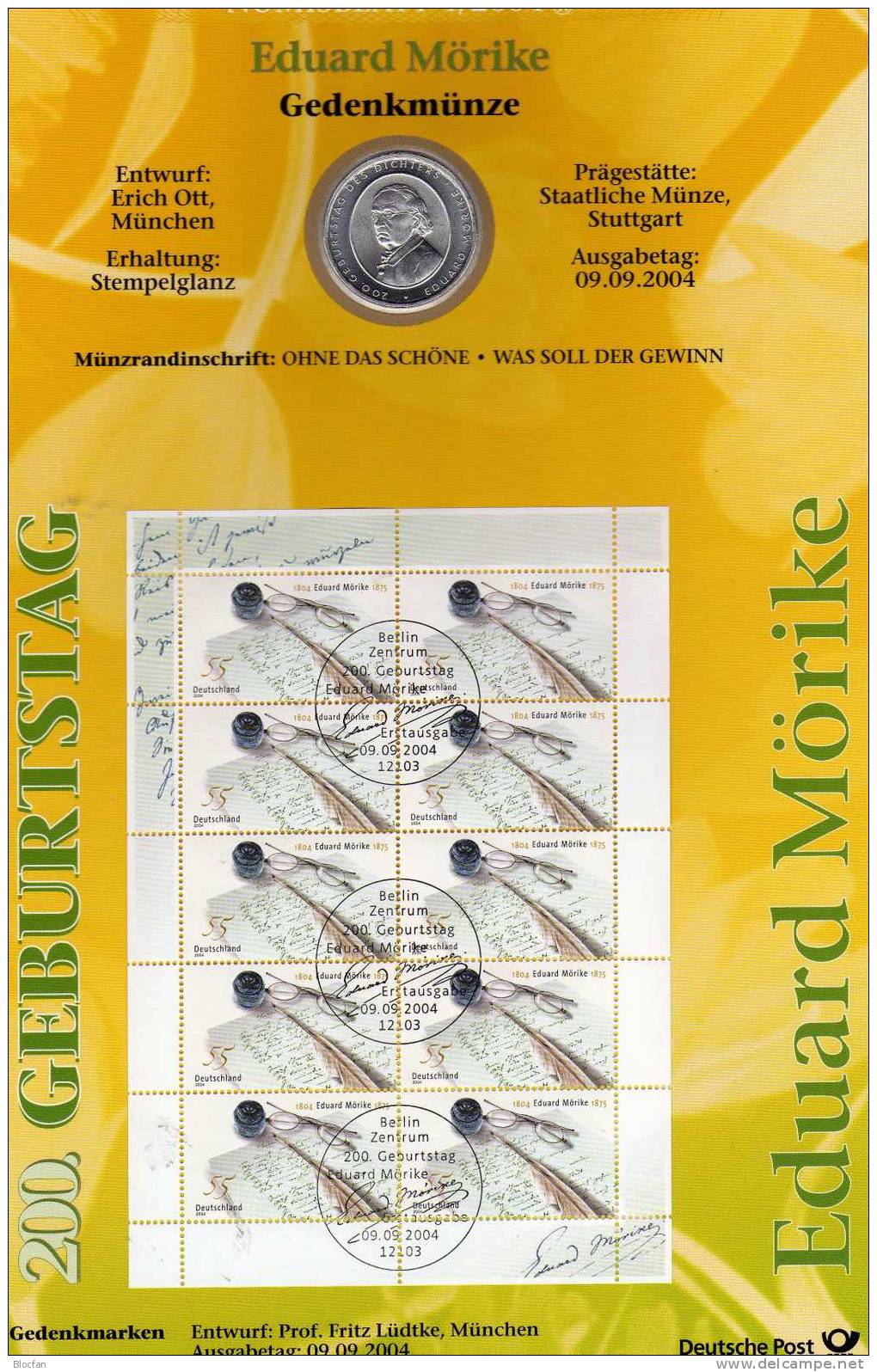 Mörike Mit Feder,Tintenfaß,Brille Numisblatt 4/2004 Deutschland Mit 2419 10-KB SST 32€ - Zu Identifizieren