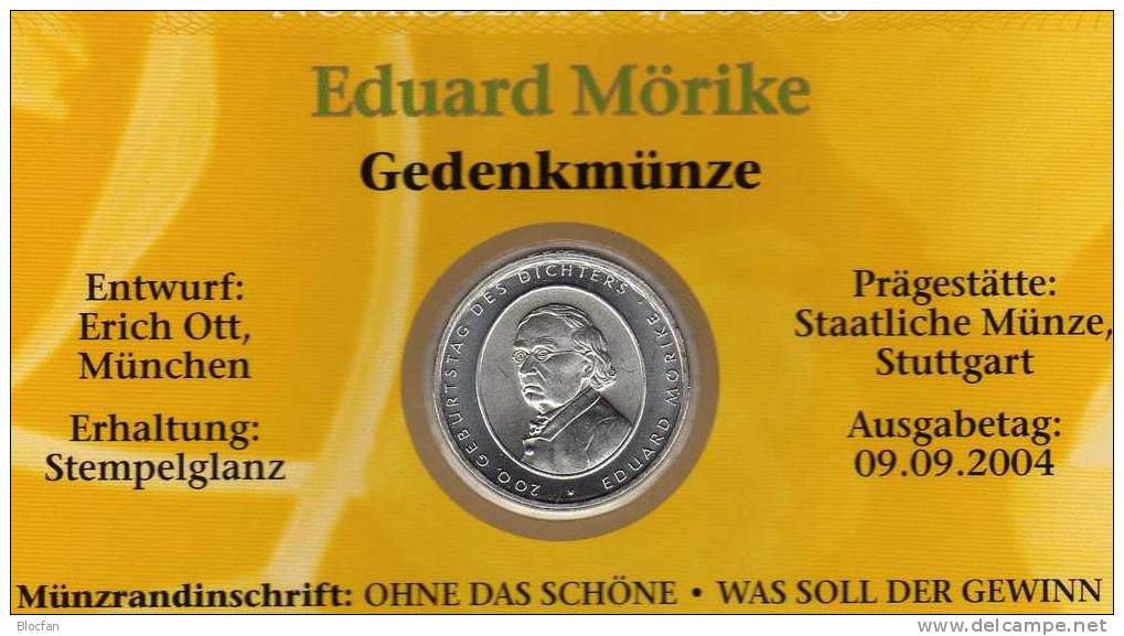 Mörike Mit Feder,Tintenfaß,Brille Numisblatt 4/2004 Deutschland Mit 2419 10-KB SST 32€ - Te Identificeren