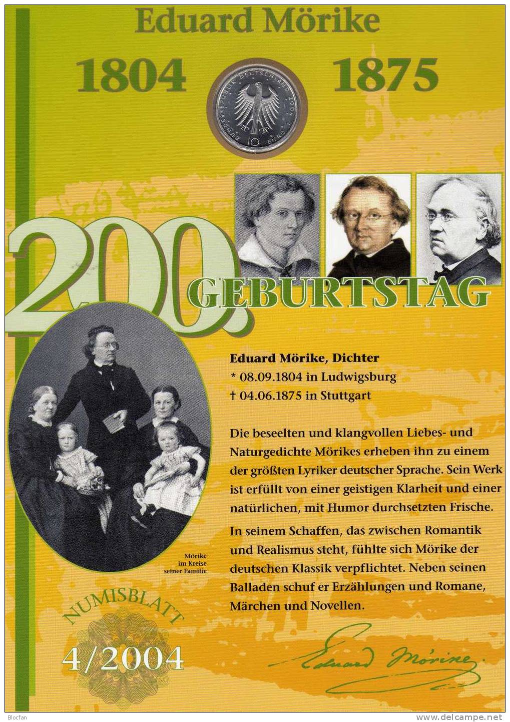 Mörike Mit Feder,Tintenfaß,Brille Numisblatt 4/2004 Deutschland Mit 2419 10-KB SST 32€ - To Identify