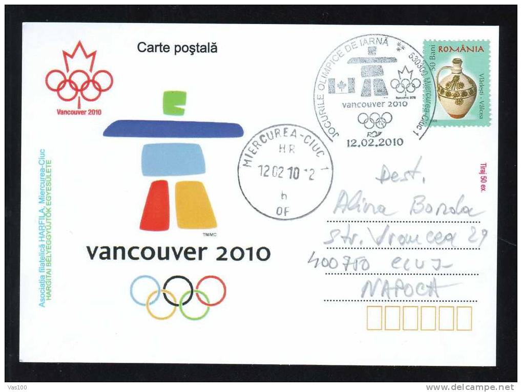 Jeux Olimpiques Vancouver 2010 ,stamps Obliteration Concordante On Card - Romania. - Hiver 2010: Vancouver